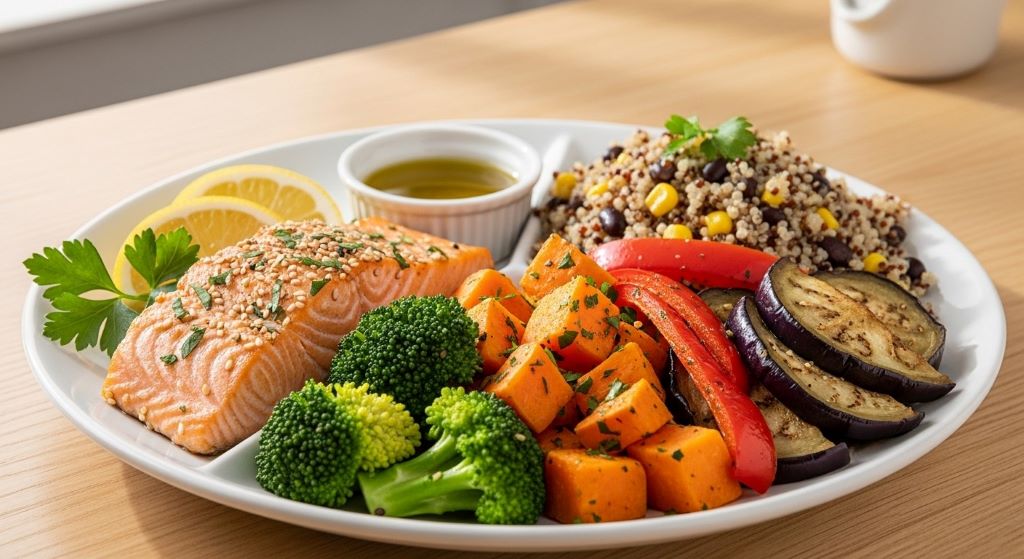 Healthy balanced meal with colorful vegetables, lean protein, and whole grains on plate for stress management nutrition