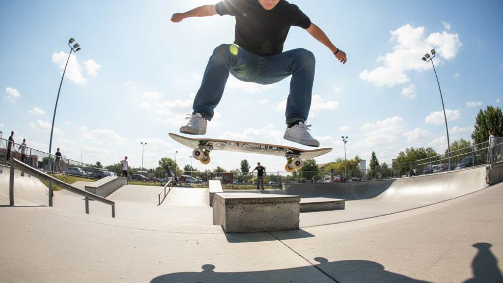 Skateboarder performing an ollie on a double kicktail maple deck in a skatepark