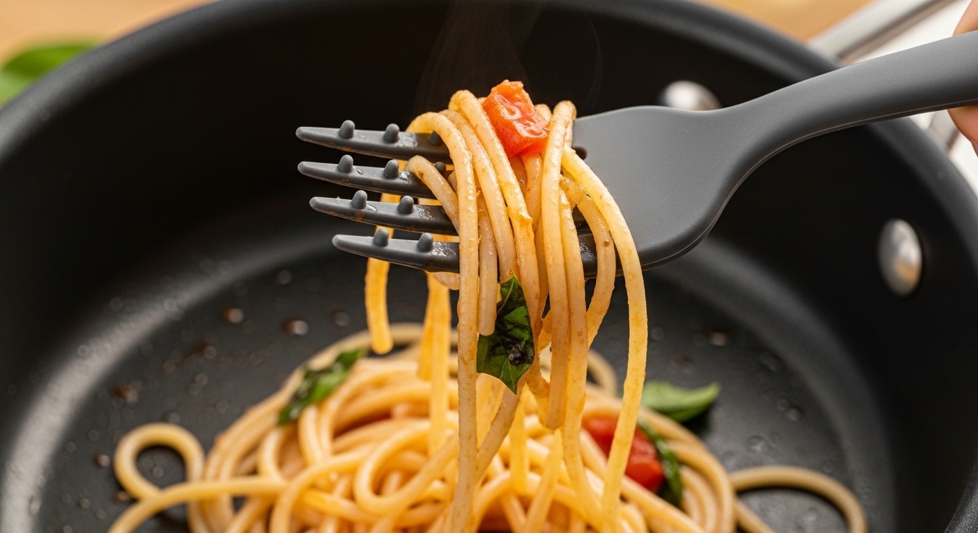 Non-scratch utensil lifting spaghetti from pan