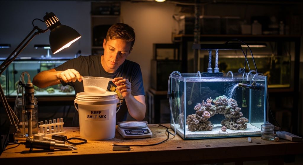 Aquarist measuring reef salt mix for home saltwater aquarium setup