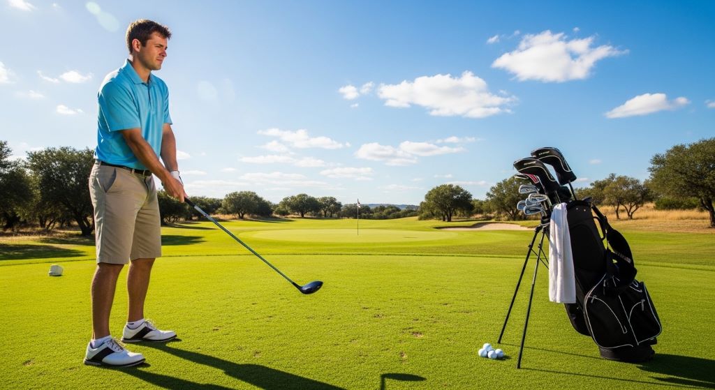 A beginner golfer holding a graphite-shafted iron on a sunny golf course, with a full golf bag and accessories visible in the background