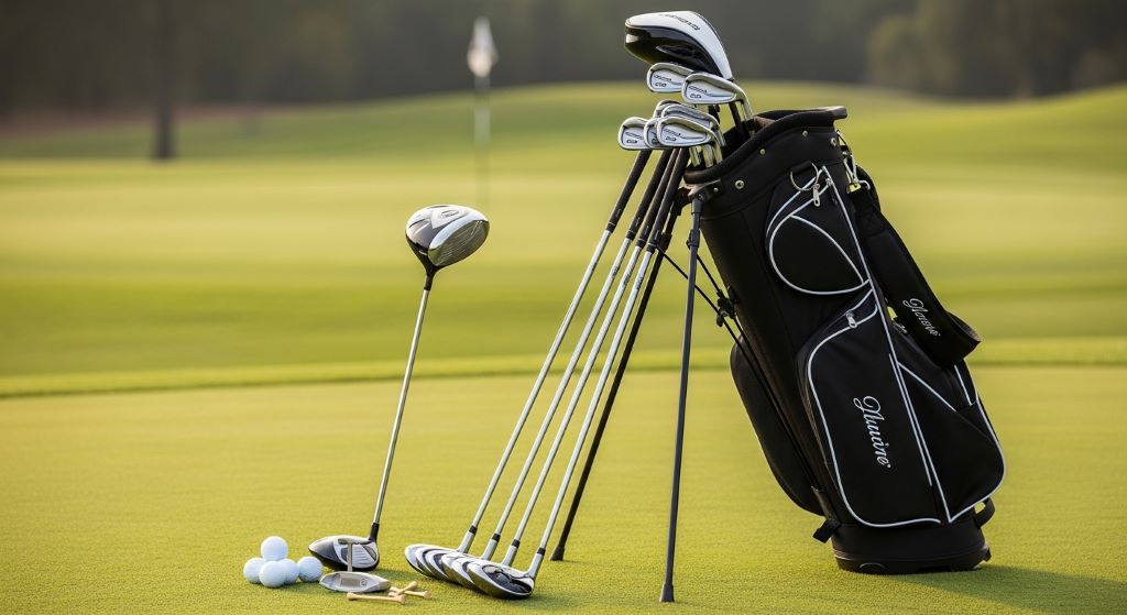 A complete beginner golf set laid out on a green fairway, including irons, a driver, a hybrid club, a putter, and a black stand bag with white accents
