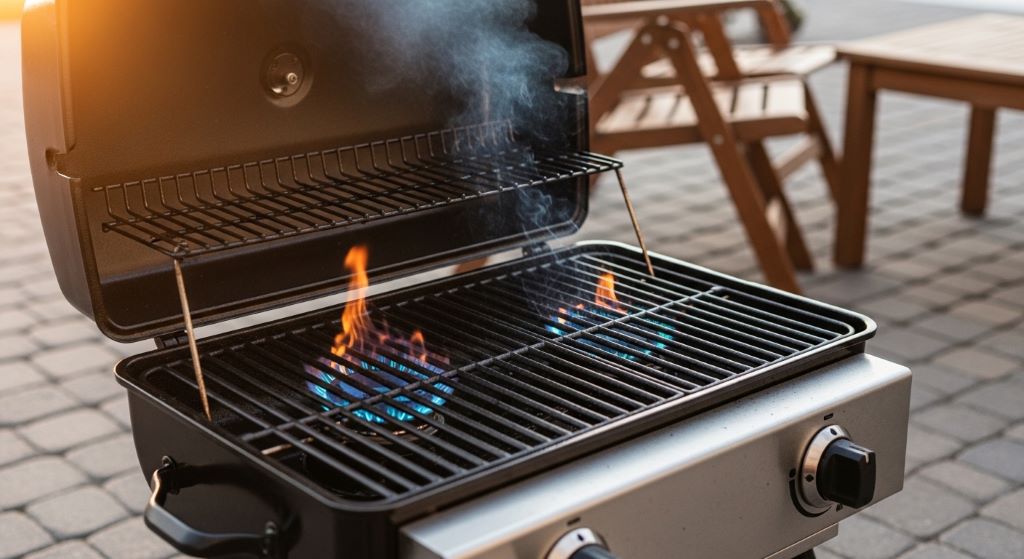Close-up of a budget two-burner gas grill heating up on a patio