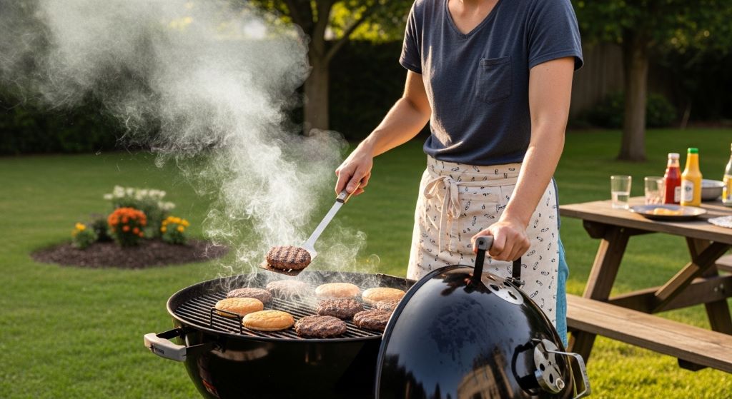 Person grilling burgers on an affordable charcoal kettle grill in a backyard