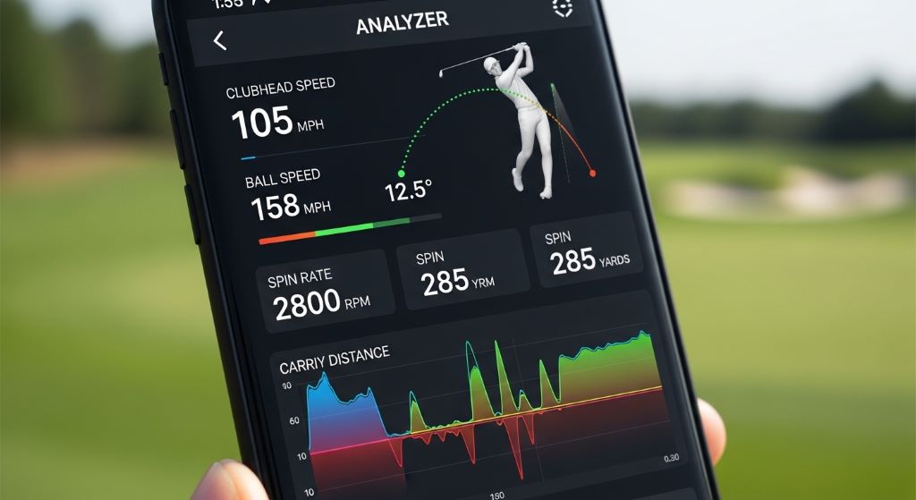 A smartphone screen displaying golf swing data metrics from a swing analyzer app
