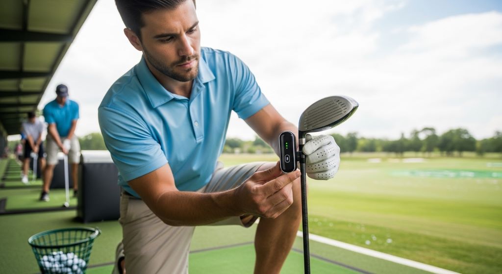 A golfer attaching a swing analyzer sensor to a golf club at a driving range