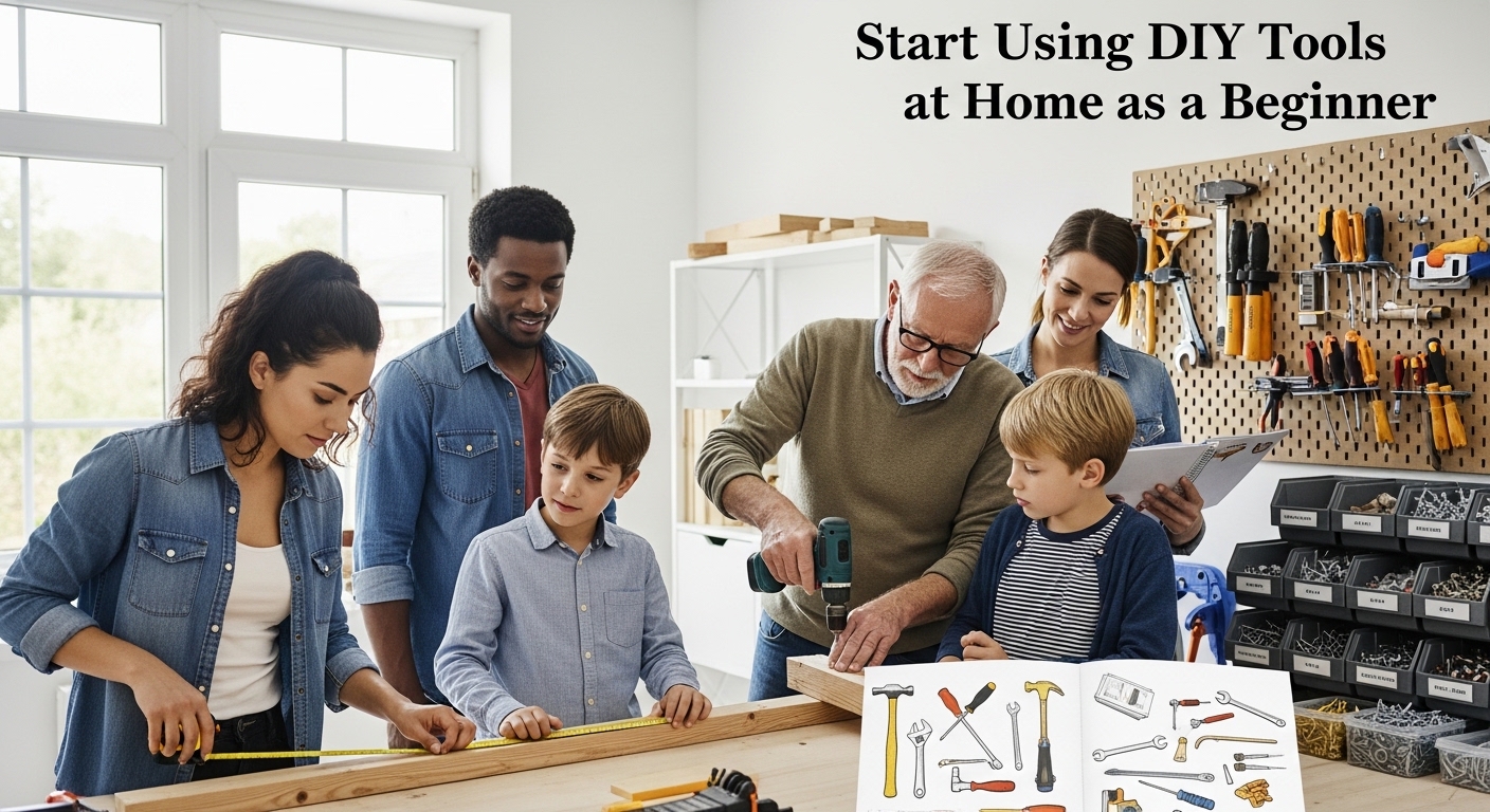 Beginner DIY tools set including hammer screwdriver and measuring tape