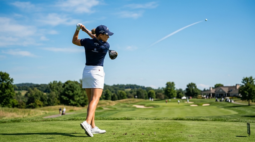 Golfer completing a swing with a Callaway driver on a sunny course.