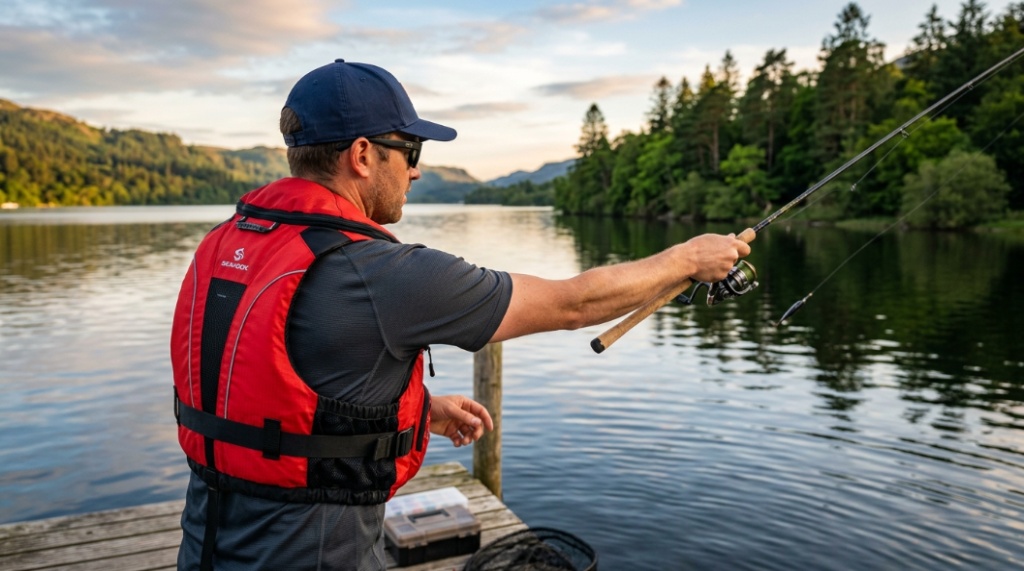 Angler wearing top PFD for fishing on a kayak in open water
