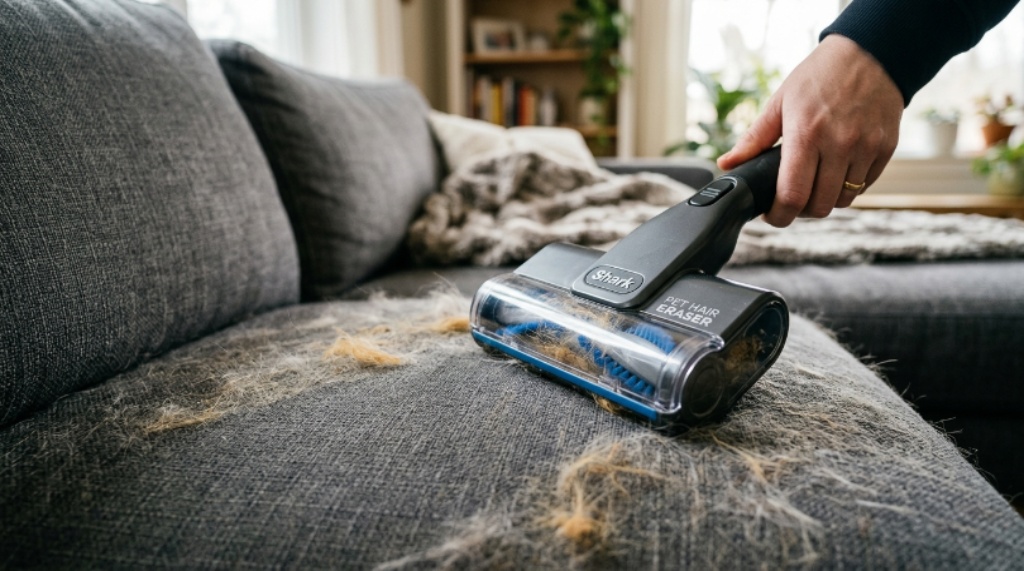 Close-up of a Shark vacuum pet hair attachment removing fur from a sofa cushion