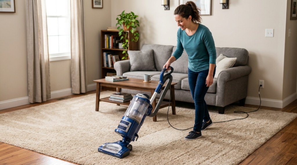 Person using a Shark upright vacuum to deep clean a carpeted living room floor