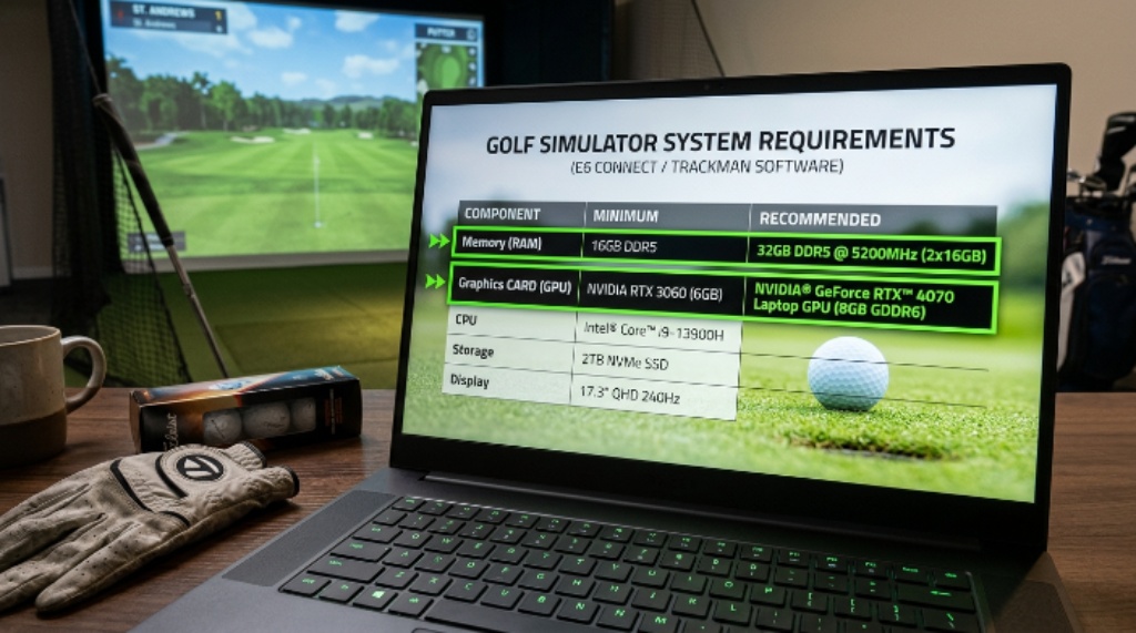 Close-up of a laptop spec sheet highlighting GPU and RAM details for golf simulator compatibility