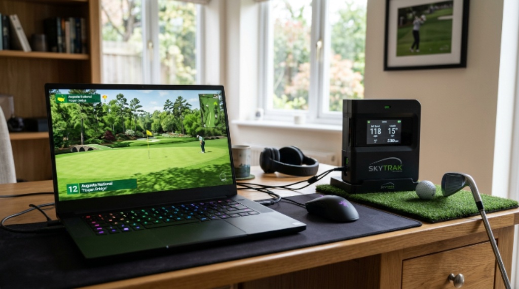 A gaming laptop displaying a green golf course on screen beside a golf launch monitor on a desk