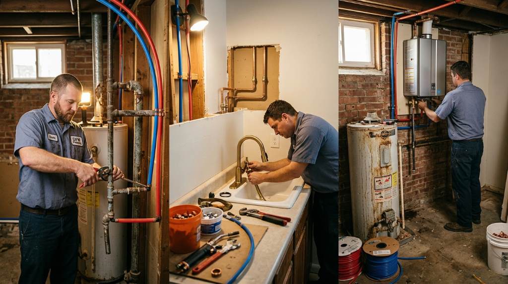 Modern plumber replacing old galvanized pipes in a Dallas Texas residential property basement