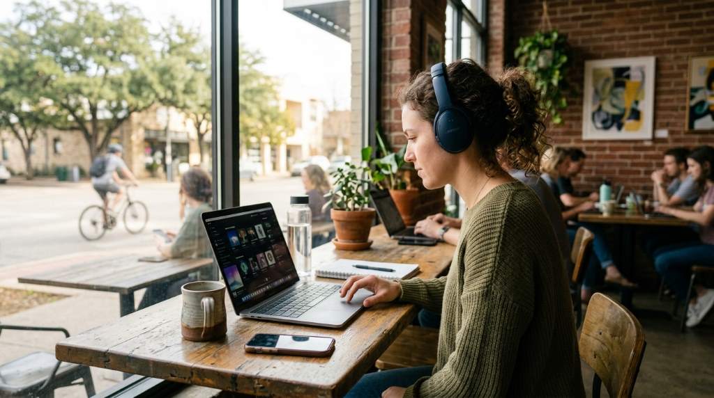 Person working outdoors in Austin park listening to music on phone