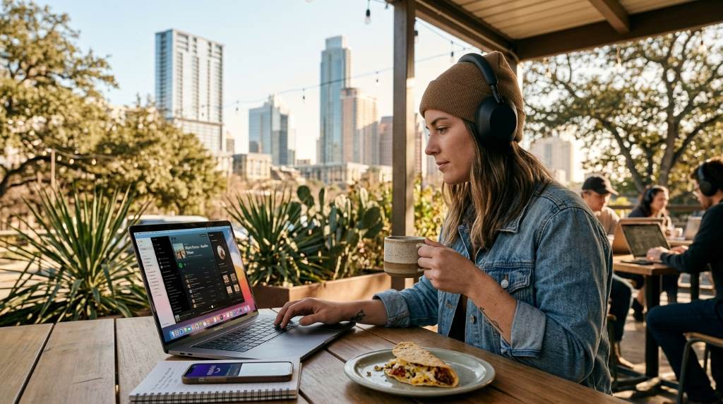 Remote worker in Austin using headphones and laptop with music streaming app open