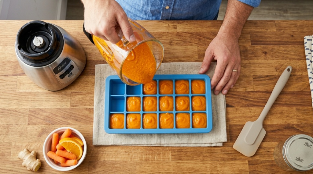 Fresh fruits beside easy baby food blender
