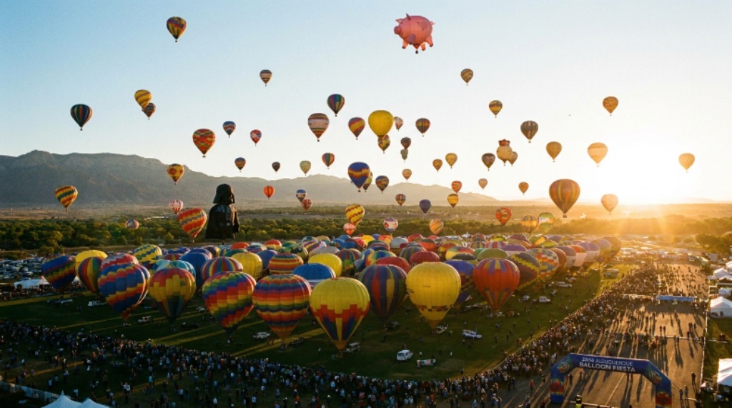 Hundreds of colorful hot air balloons rising over Albuquerque's blue sky during the 2026 Balloon Fiesta mass ascension at sunrise