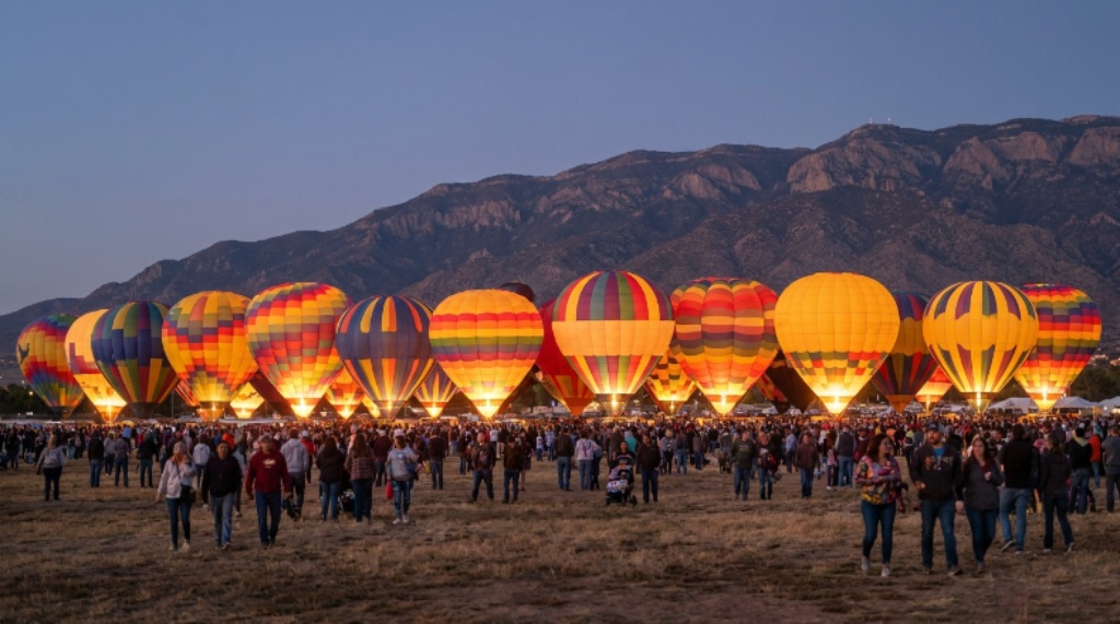 Glowing hot air balloons tethered at Balloon Fiesta Park during an evening Balloon Glow event in Albuquerque, New Mexico