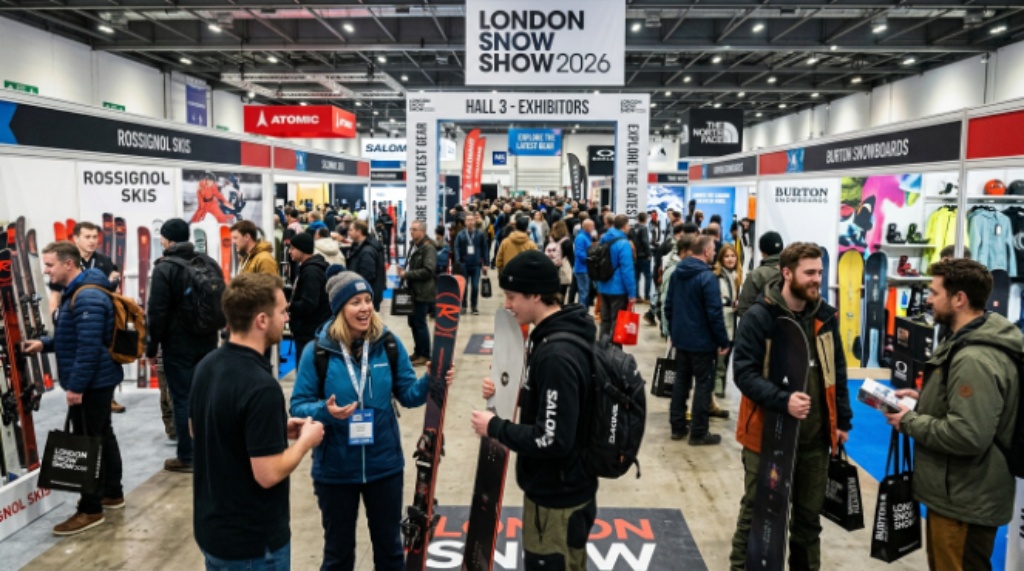 Skiers and snowboarders browsing exhibitors at London Snow Show 2026