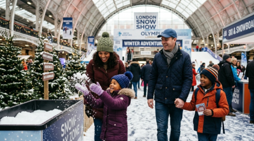Family enjoying activities at London Snow Show Olympia winter event