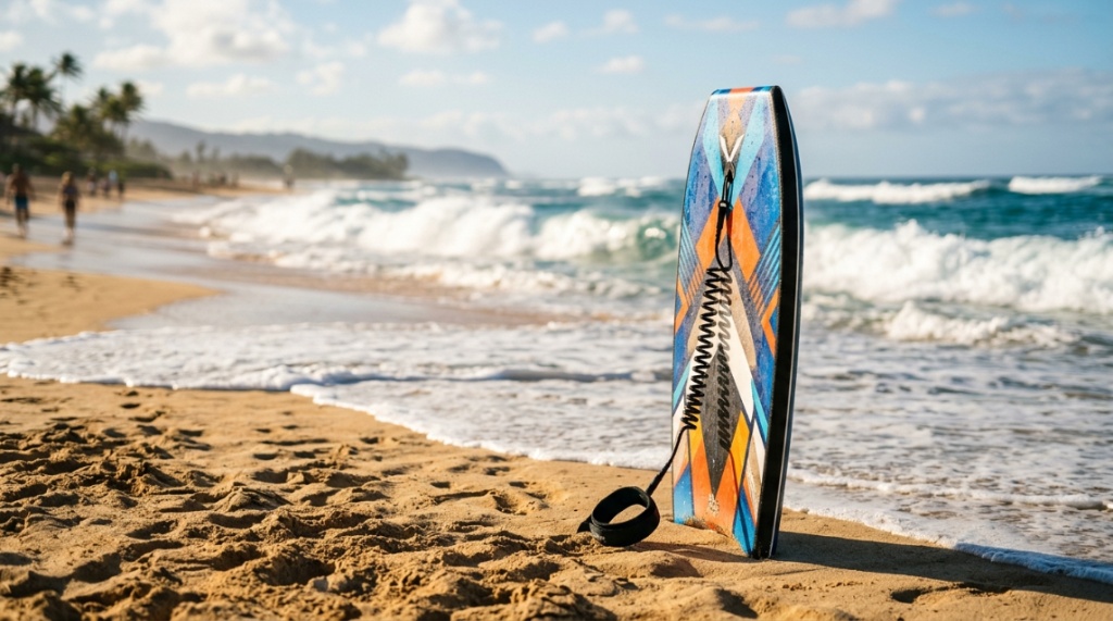 A bodyboard with an attached wrist leash standing in the beach sand.