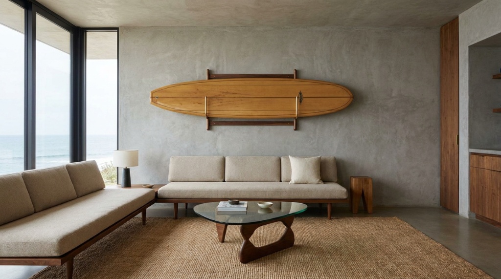 Surfboard hanging horizontally on a wooden wall mount in a bright living room.