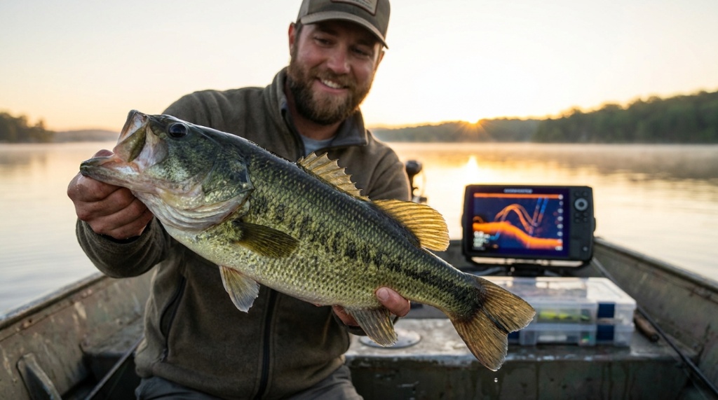 A premium fish finder screen mounted on a boat console at sunrise