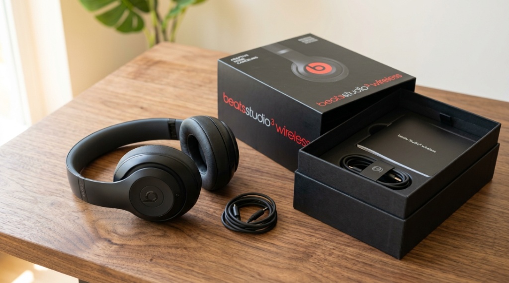 Genuine Beats headphones sitting next to their official product packaging on a desk.