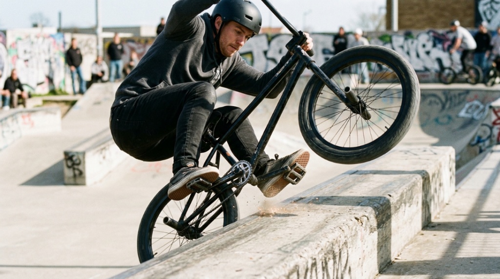 A BMX rider executing a mid-air trick during a street session showing the bike pedals.