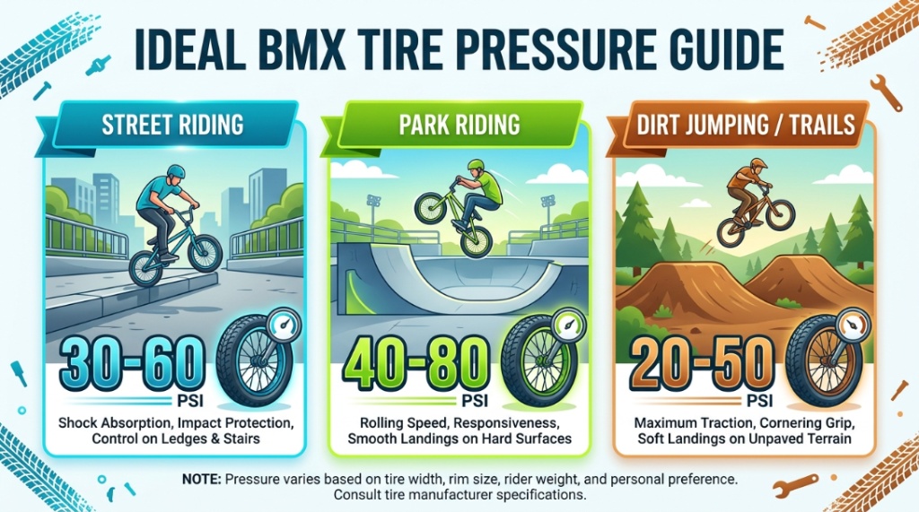 A cyclist using a digital pressure gauge on a black BMX bike tire outdoors.