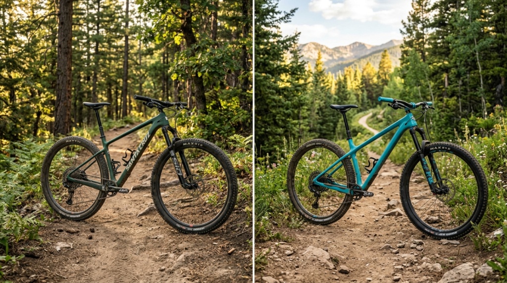Two affordable hardtail mountain bikes parked next to each other on a forest trail.
