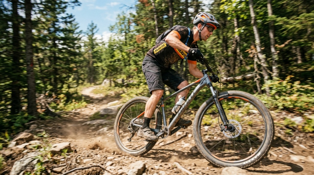 A cyclist riding an entry-level mountain bike down a sunny dirt path.