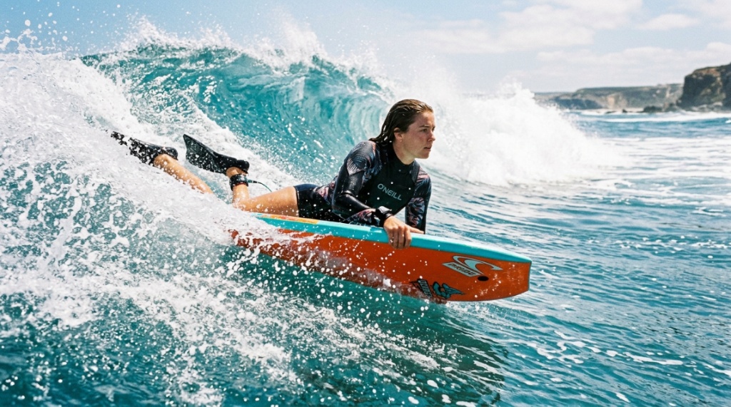 A bodyboarder riding a large ocean wave on a bright sunny day.