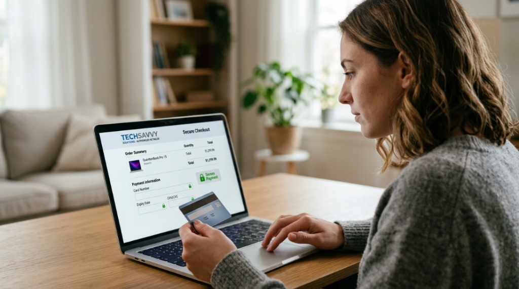 Person safely browsing an authorized electronics retailer website on a laptop.