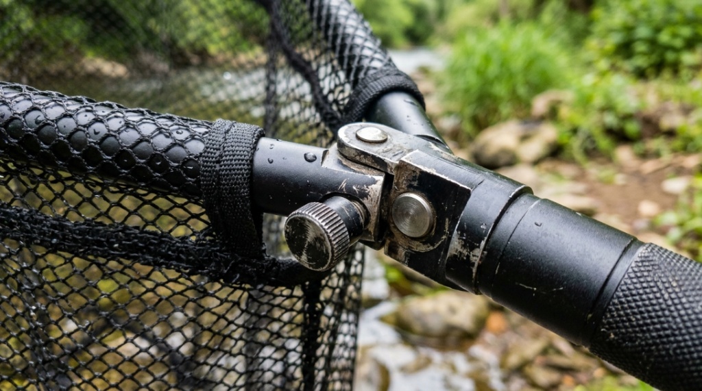 Clear rubber fishing net holding a large trout in shallow river water.