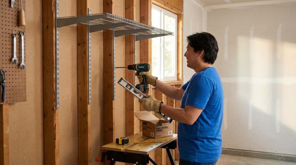 Hand tightening a screw to install a vertical surfboard rack into a wall stud.