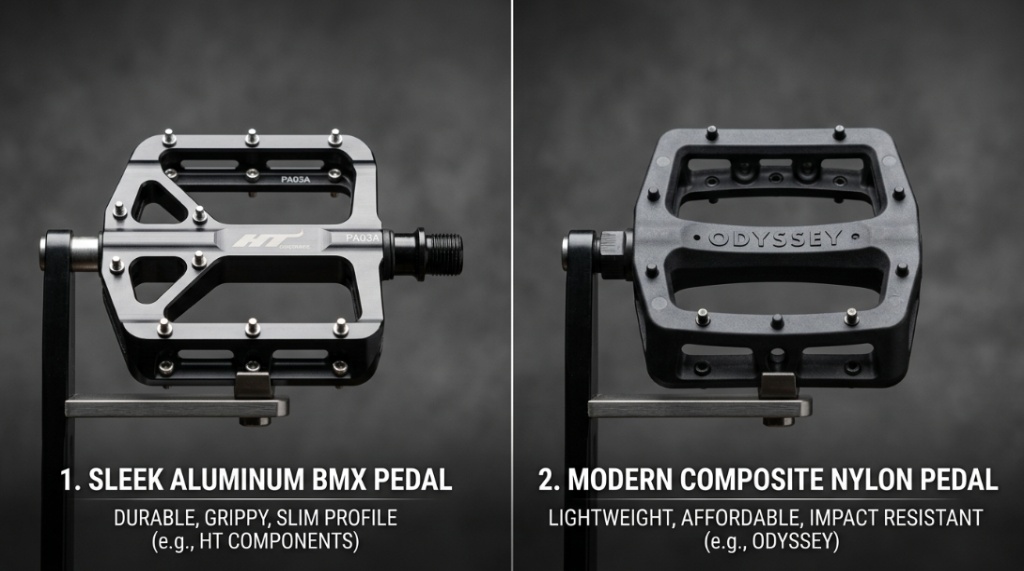 A side-by-side shot comparing a black nylon composite pedal and a silver aluminum BMX pedal.