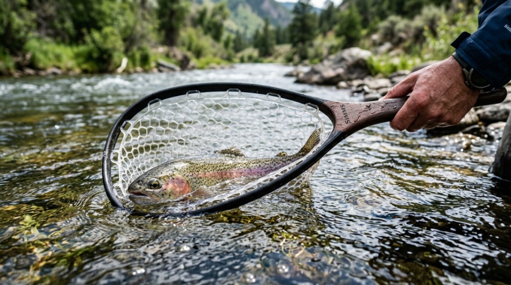 Close up of an ergonomic carbon fiber handle on a rubber fishing net.