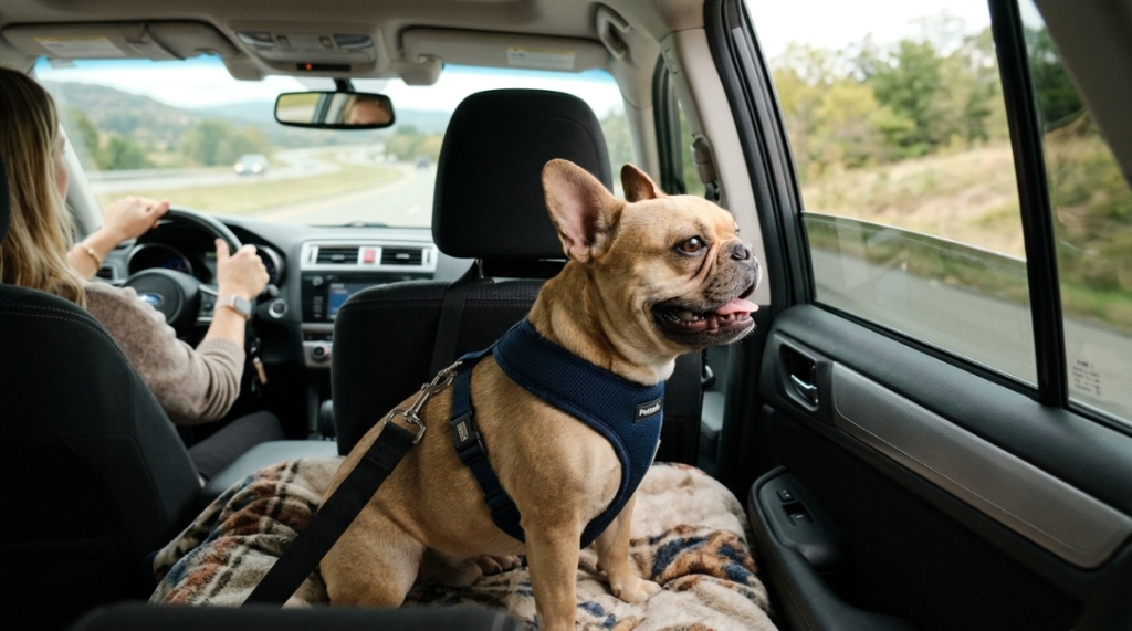 Golden retriever sitting safely in back seat wearing car harness.