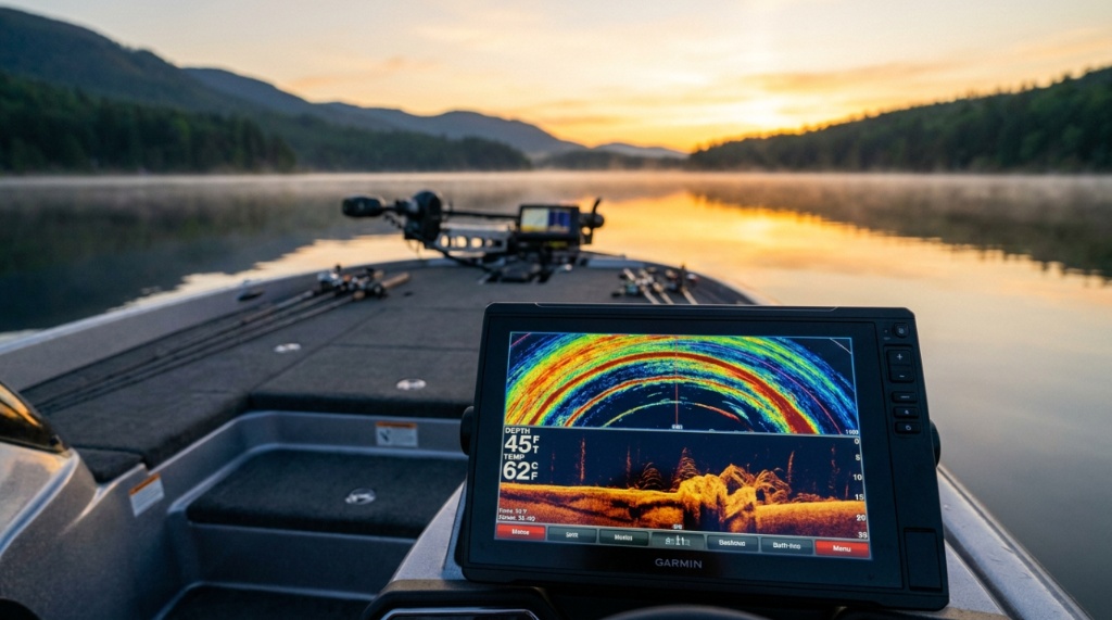 A CHIRP sonar display mapping underwater structures and schools of fish.