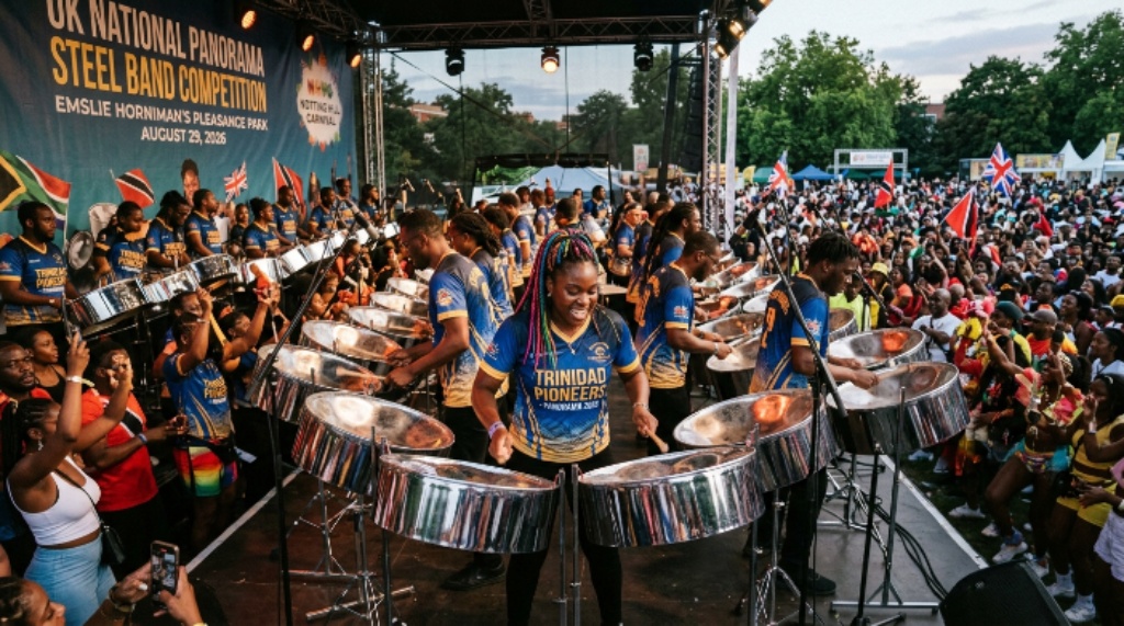 Caribbean food stalls lining the parade route at Notting Hill Carnival 2026, with jerk chicken grilling over charcoal in the streets of West London