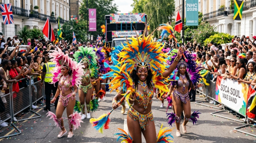 Colorful mas band performers in elaborate feathered costumes parading through Ladbroke Grove at Notting Hill Carnival 2026 during the Adults' Parade on August 31