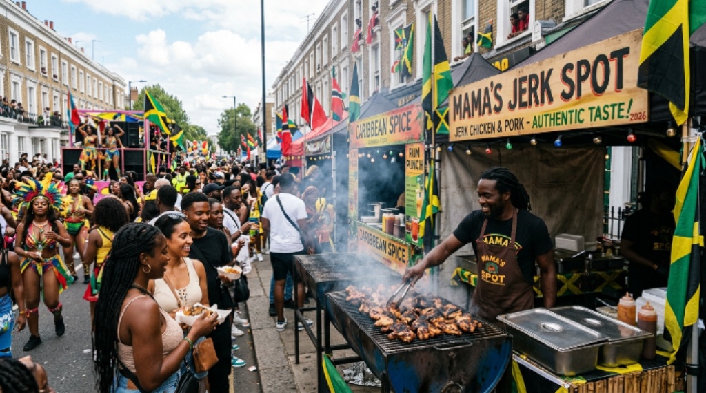 Caribbean food stalls lining the parade route at Notting Hill Carnival 2026, with jerk chicken grilling over charcoal in the streets of West London