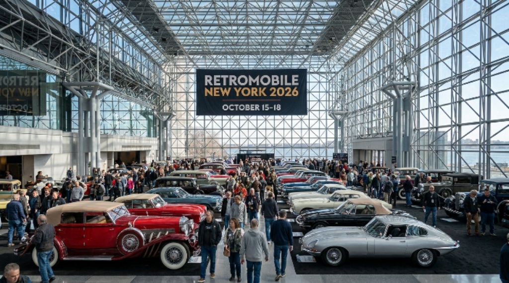 Retromobile New York 2026 classic car exhibition at Javits Center Manhattan
