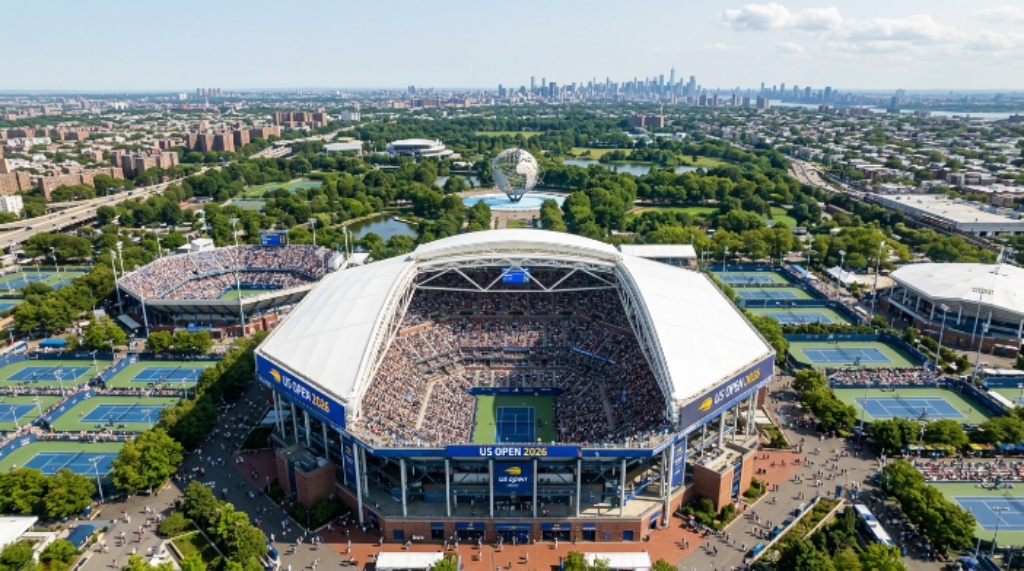 Arthur Ashe Stadium aerial view at US Open Tennis 2026 Flushing Meadows Queens