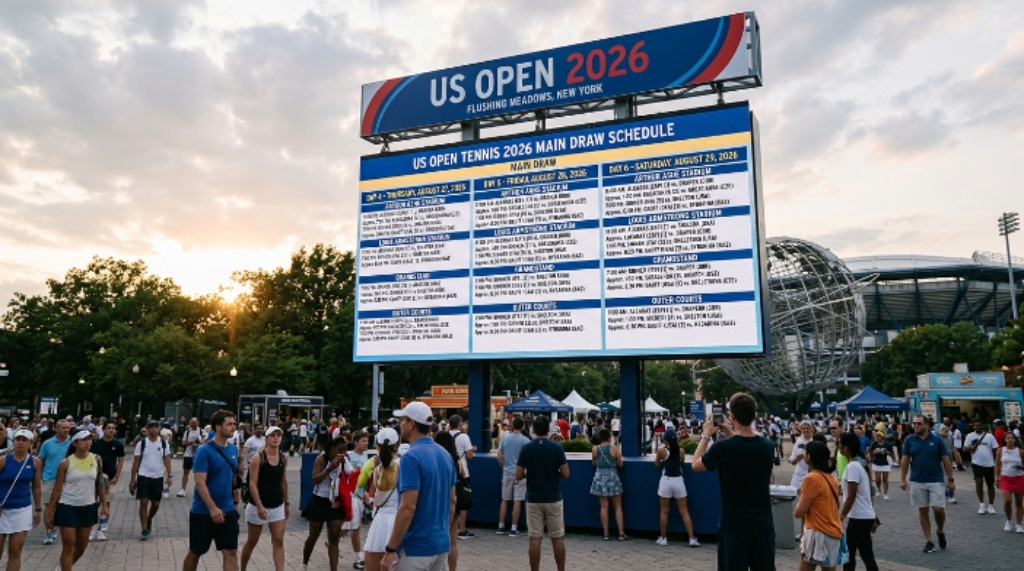 US Open Tennis 2026 main draw schedule board at Flushing Meadows New York