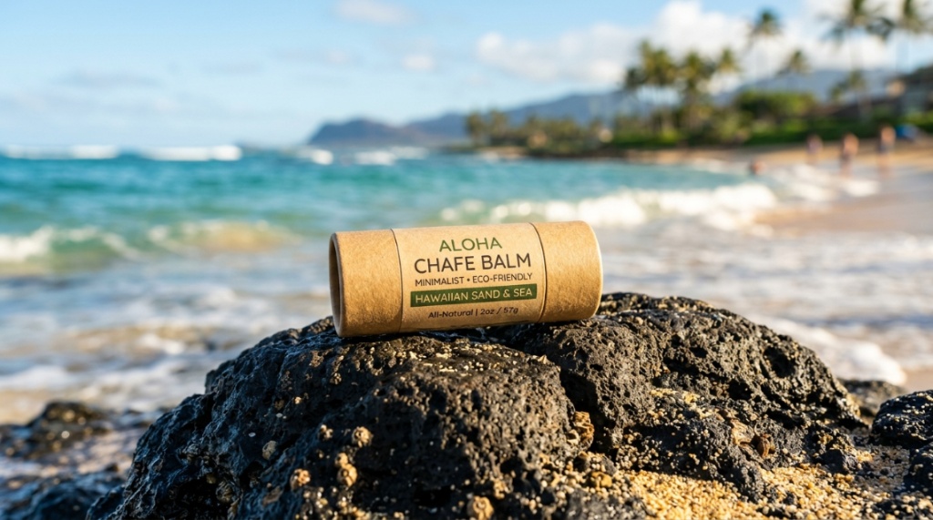 Skincare balm tube resting on beach rock with blurred tropical ocean background.