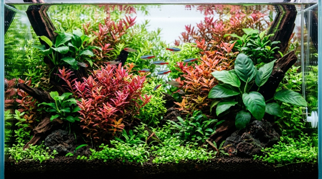 A hand inserting a fertilizer root tab into black aquarium substrate next to live plants.