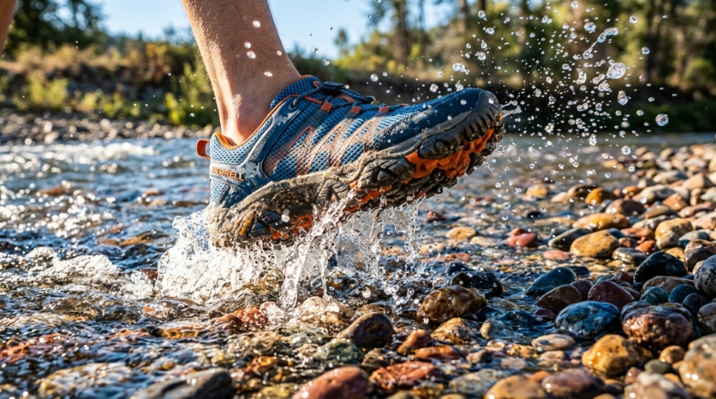 A person wearing durable mesh water shoes splashing through a shallow rocky river.